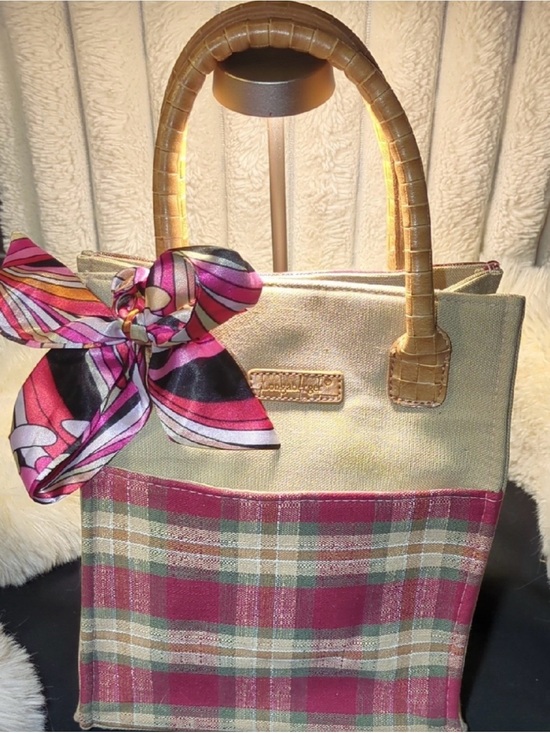 Longaberger Handbags - Longaberger Beige Tote with Burgundy Plaid and Multicolor Scarf